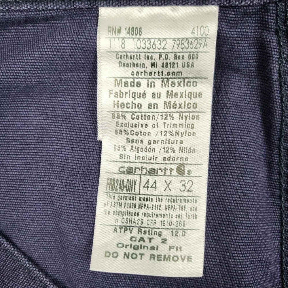 Carhartt Mens FRB240 DNY Flame Resistant Canvas Cargo‎ Pants Dark Navy NWT 44x32